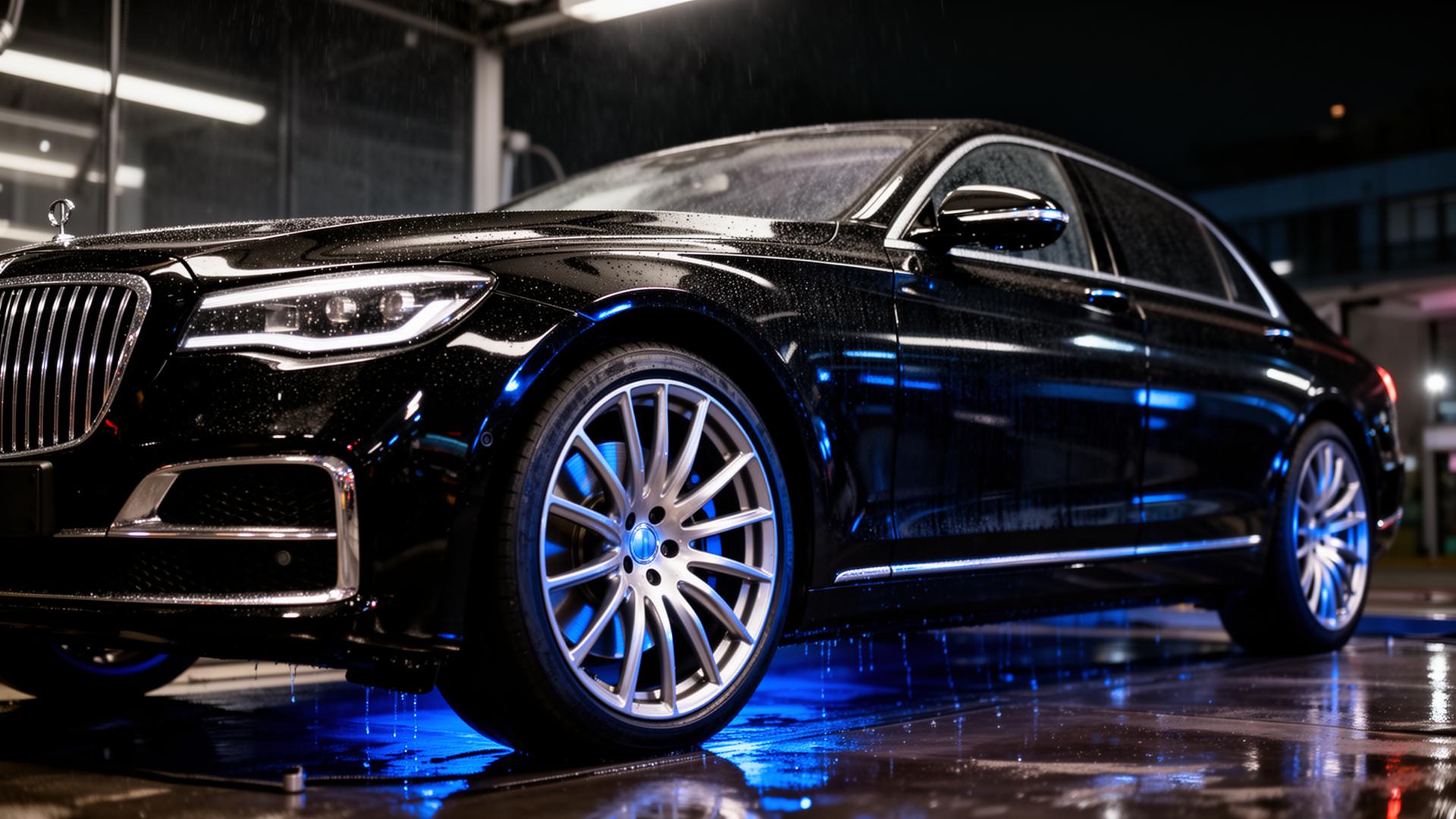 Luxury black sedan being detailed